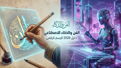 دليل الرسم بالذكاء الاصطناعي 2026، يظهر يد فنان عربي تستخدم خطاً كلاسيكياً جميلاً، بينما تقوم يد أخرى مصنوعة من الذكاء الاصطناعي بتنفيذ التصميم على لوحة رقمية متطورة