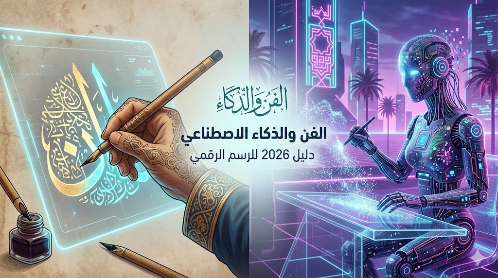 دليل الرسم بالذكاء الاصطناعي 2026، يظهر يد فنان عربي تستخدم خطاً كلاسيكياً جميلاً، بينما تقوم يد أخرى مصنوعة من الذكاء الاصطناعي بتنفيذ التصميم على لوحة رقمية متطورة
