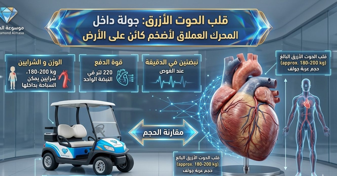 "إنفوجرافيك تعليمي من موسوعة الماسة يقارن بين حجم قلب الحوت الأزرق البالغ وحجم عربة جولف صغيرة، موضحاً حقائق علمية: الوزن (180-200 كجم)، قوة الدفع (220 لتر في النبضة)، ونبضتان فقط في الدقيقة عند الغوص، مع رسم توضيحي لشرايين يمكن السباحة بداخلها."