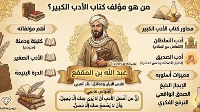 إنفوجرافيك تعليمي يستعرض سيرة عبد الله بن المقفع، مؤلف كتاب الأدب الكبير، مع ذكر أهم مؤلفاته مثل كليلة ودمنة واقتباس من حكمه.