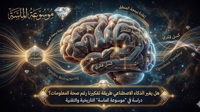 تصميم فني يظهر دماغي بشري متداخل مع دوائر رقمية، حيث تشكل الأكواد مسارات جديدة للتفكير، مع شعار موسوعة الماسة".