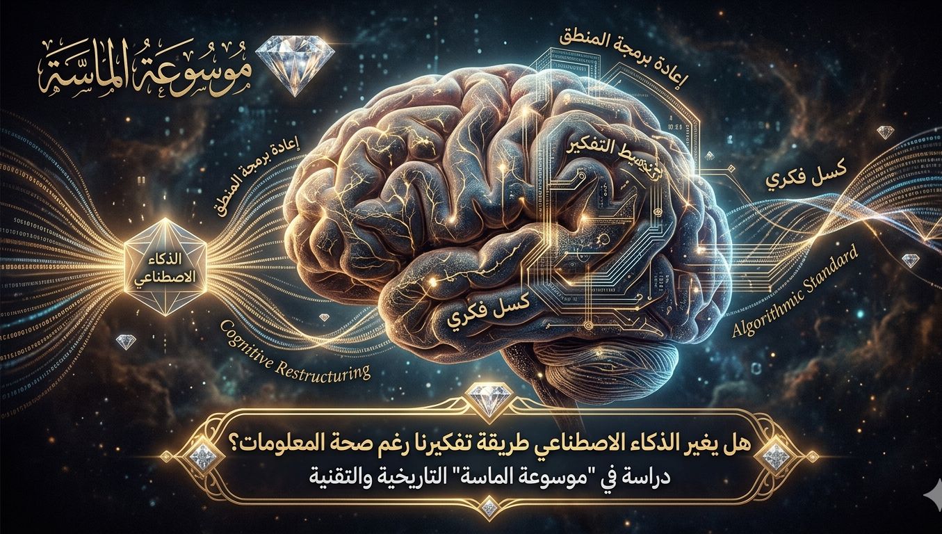 تصميم فني يظهر دماغي بشري متداخل مع دوائر رقمية، حيث تشكل الأكواد مسارات جديدة للتفكير، مع شعار موسوعة الماسة".