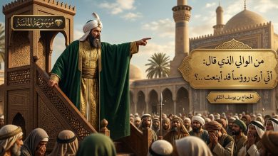 لوحة فنية تخيلية للحجاج بن يوسف الثقفي فوق منبر الكوفة وهو يشير بيده أثناء خطبته الشهيرة مع شعار موسوعة الماسة".
