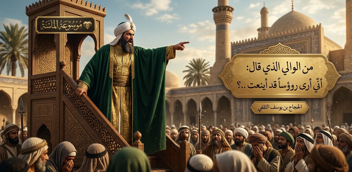 لوحة فنية تخيلية للحجاج بن يوسف الثقفي فوق منبر الكوفة وهو يشير بيده أثناء خطبته الشهيرة مع شعار موسوعة الماسة".