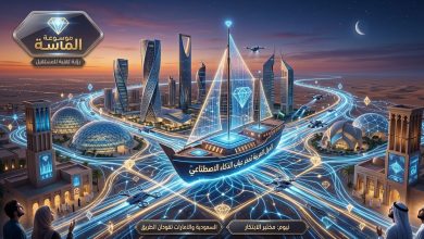 تصوير فني يجمع بين المعالم العربية الحديثة ودوائر إلكترونية وشبكات عصبية اصطناعية ترمز للذكاء الاصطناعي مع شعار موسوعة الماسة"