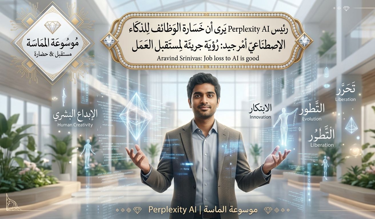 تصميم فني يجمع بين صورة آرافيند سرينيفاس ورموز تقنية تعبر عن التغيير في سوق العمل مع شعار موسوعة الماسة".