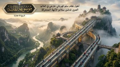 منظر جوي لسلم كهربائي ضخم يتلوى مثل التنين بين جبال خضراء شاهقة مغطاة بالضباب في الصين مع شعار موسوعة الماسة".