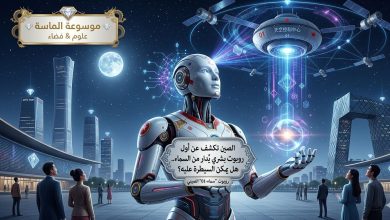 روبوت بشري صيني متطور يقف في ساحة تكنولوجية، مع خطوط إشارة رقمية صاعدة نحو قمر صناعي في السماء وشعار موسوعة الماسة".
