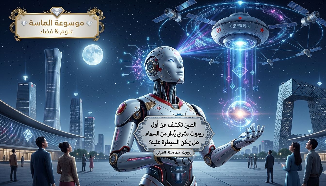 روبوت بشري صيني متطور يقف في ساحة تكنولوجية، مع خطوط إشارة رقمية صاعدة نحو قمر صناعي في السماء وشعار موسوعة الماسة".