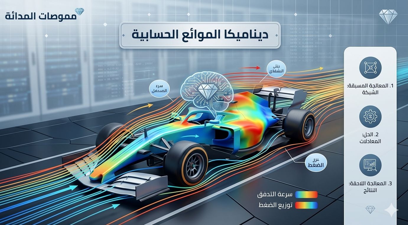 محاكاة حاسوبية ملونة لتدفق الهواء حول سيارة فورمولا 1 توضح توزيع الضغط والسرعة مع شعار موسوعة الماسة".