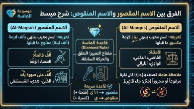 مخطط توضيحي من موسوعة الماسة يبين الفرق بين تعريف الاسم المقصور والاسم المنقوص مع أمثلة لكل منهما."