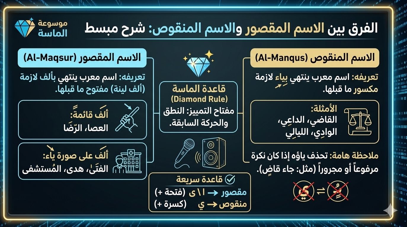 مخطط توضيحي من موسوعة الماسة يبين الفرق بين تعريف الاسم المقصور والاسم المنقوص مع أمثلة لكل منهما."