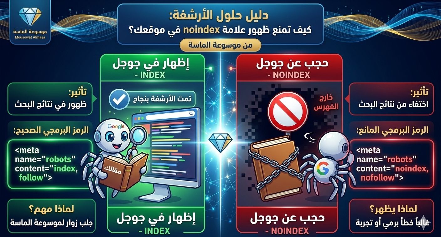 إنفوجرافيك مقارنة من موسوعة الماسة يوضح الفرق بين حالة الأرشفة (INDEX) وحالة المنع (NOINDEX). يظهر الجانب الأيمن نجاح الأرشفة برمز علامة صح خضراء وشعار جوجل، بينما يظهر الجانب الأيسر منع الأرشفة برمز علامة خطأ حمراء وقفل، مع عنوان 'دليل حلول الأرشفة: كيف تمنع ظهور علامة noindex في موقعك؟'."