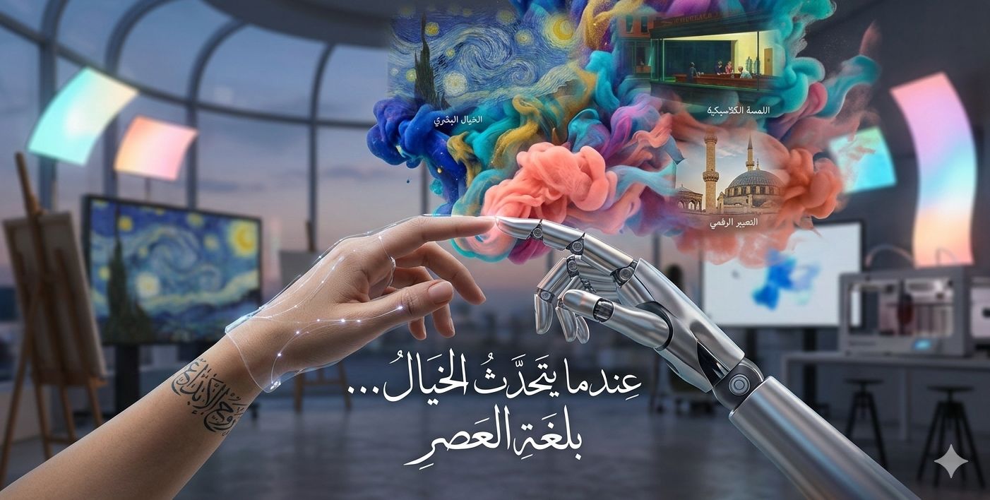 لوحة فنية سريالية تعبر عن تلاقي الإبداع البشري مع الذكاء الاصطناعي في 2026، تظهر يد إنسان تلمس يد روبوت لتوليد انفجار من الألوان الزيتية والرقمية، مع عبارة 'عندما يتحدث الخيال... بلغة العصر' بالخط العربي الأصيل داخل مرسم فني حديث