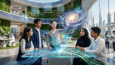 صورة مستقبلية لعام 2026 تظهر طلاباً في فصل دراسي ذكي يستخدمون تقنيات الواقع المعزز (AR) والميتافيرس، مع ظهور مجرة رقمية وأيقونات تعليمية عائمة باللغة العربية مثل 'مهارات المستقبل' و'تعليم بلا حدود' في بيئة تعليمية تقنية متطورة."