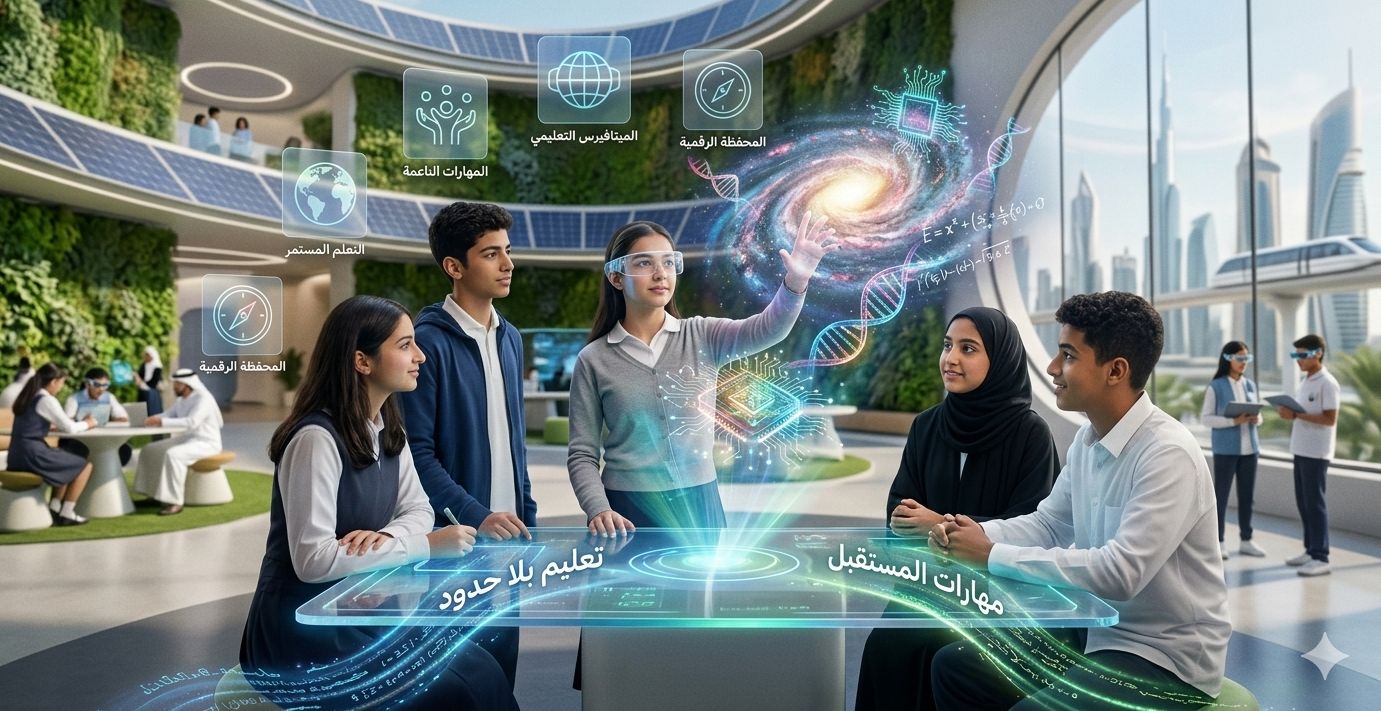 صورة مستقبلية لعام 2026 تظهر طلاباً في فصل دراسي ذكي يستخدمون تقنيات الواقع المعزز (AR) والميتافيرس، مع ظهور مجرة رقمية وأيقونات تعليمية عائمة باللغة العربية مثل 'مهارات المستقبل' و'تعليم بلا حدود' في بيئة تعليمية تقنية متطورة."