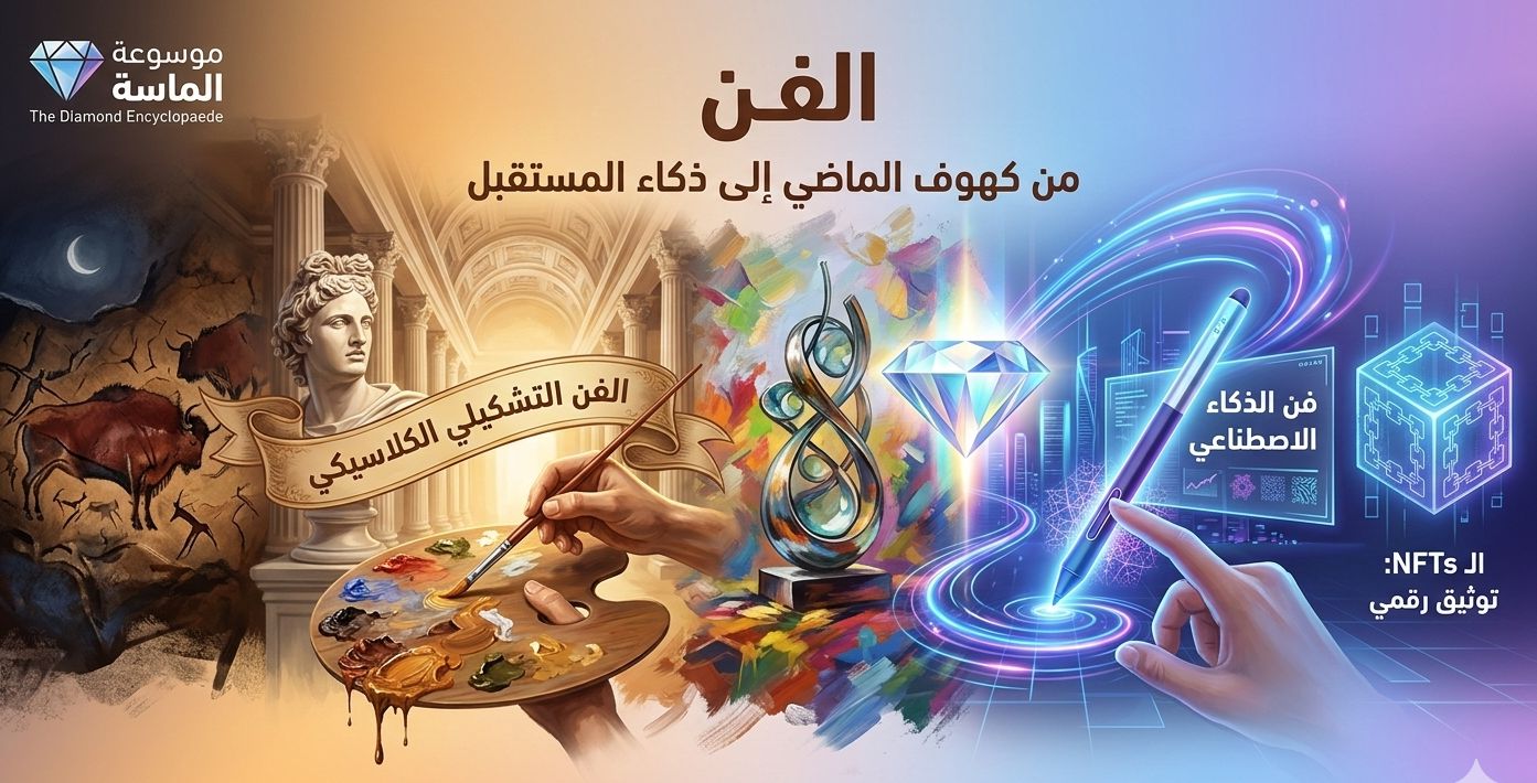 "لوحة فنية بانورامية من موسوعة الماسة تستعرض تطور الفن عبر العصور؛ تبدأ من رسومات الكهوف والنحت الكلاسيكي والريشة التقليدية، وتنتقل تدريجياً إلى الفن الرقمي والذكاء الاصطناعي وتقنية الـ NFTs، مع شعار الموسوعة وعنوان 'الفن: من كهوف الماضي إلى ذكاء المستقبل'."
