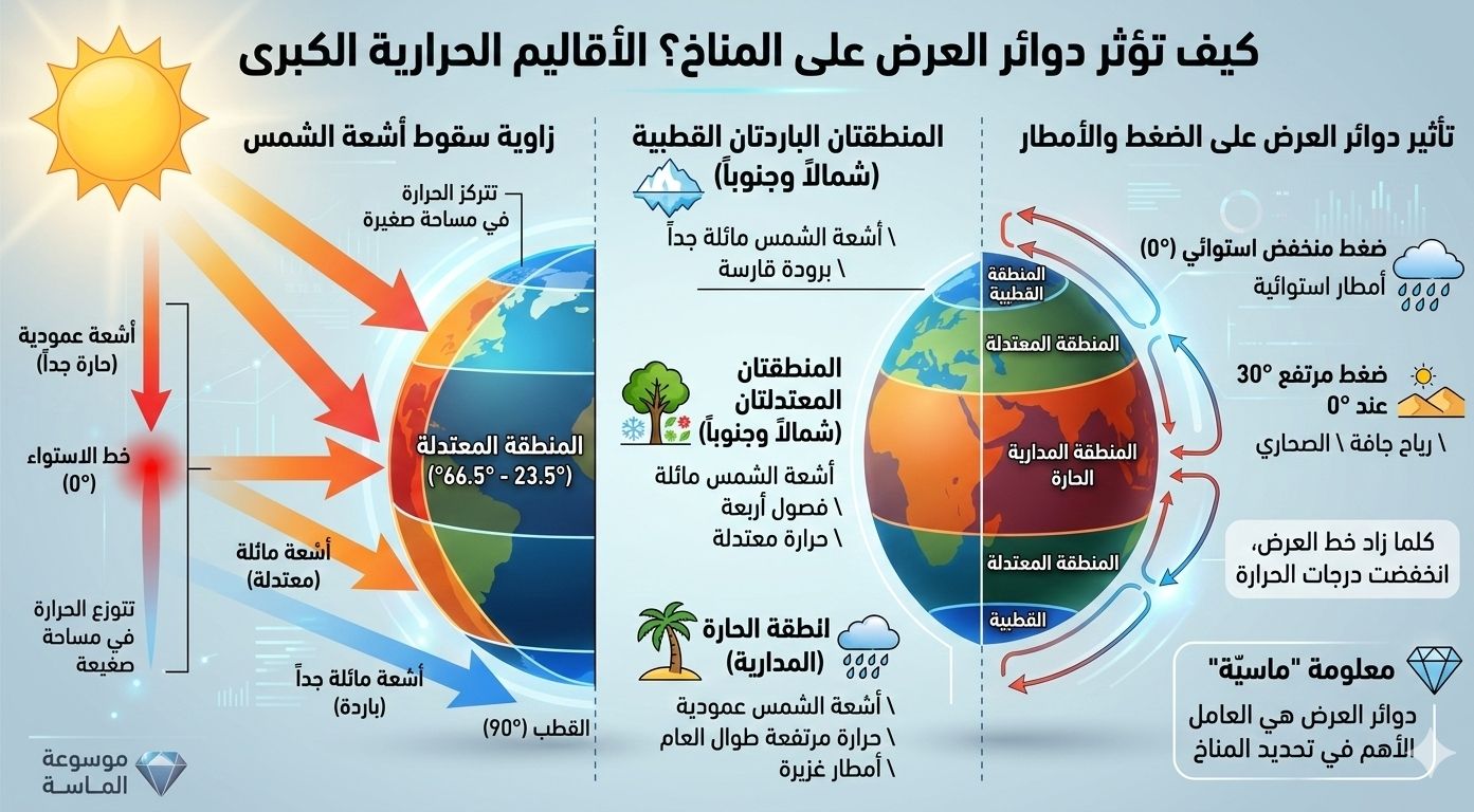 "مخطط تعليمي يوضح علاقة دوائر العرض بالمناخ، يظهر زوايا سقوط أشعة الشمس (عمودية ومائلة) وتوزيع الأقاليم الحرارية من خط الاستواء إلى القطبين مع شرح لنطاقات الضغط الجوي."