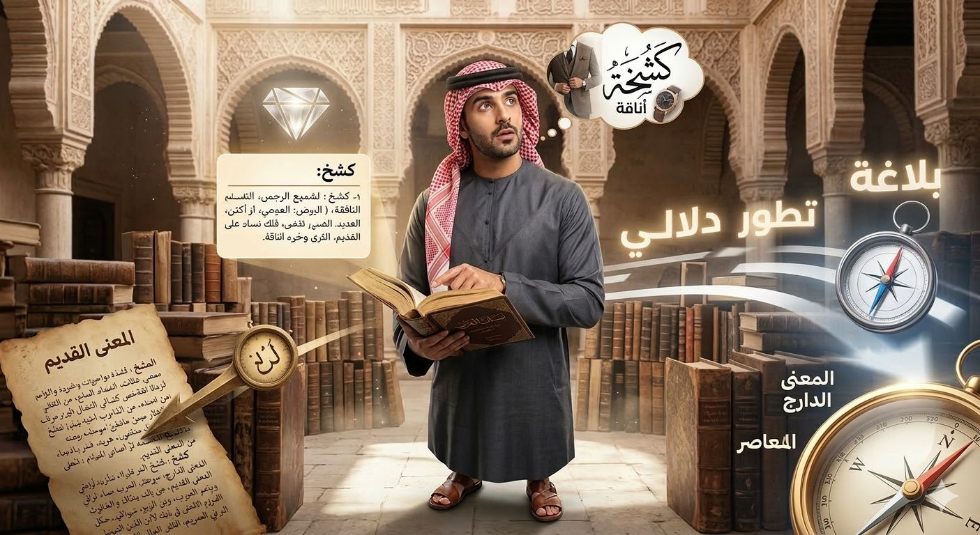 صورة تجمع بين رجل أنيق بالزي الخليجي ومعجم لغة عربية قديم لشرح معنى كلمة كشخة".