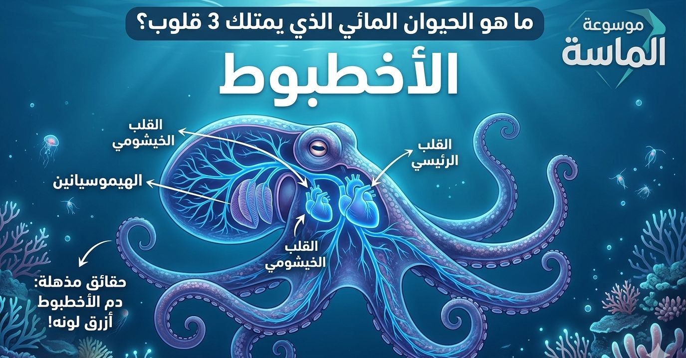 "رسم توضيحي (إنفوجرافيك) من موسوعة الماسة يظهر تشريح الأخطبوط في أعماق المحيط، مع تحديد القلوب الثلاثة (القلب الرئيسي والقلبان الخيشوميان) وكتابة توضيحية بالعربية حول لون دمه الأزرق وبروتين الهيموسيانين."