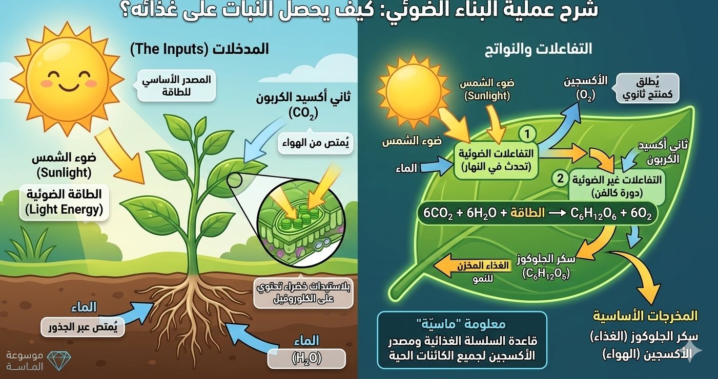 "رسم توضيحي لعملية البناء الضوئي يوضح دخول الشمس والماء وخروج الأكسجين وسكر الجلوكوز."