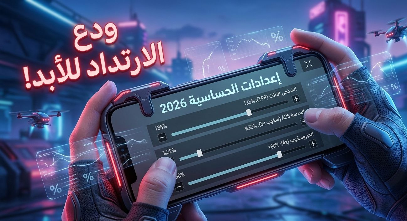 صورة احترافية للاعب يمسك بهاتف ألعاب (Gaming Phone) تظهر عليه قائمة إعدادات حساسية ببجي موبايل 2026 باللغة العربية، مع خلفية نيون لمدينة مستقبلية ومؤشرات رسومية لثبات الإيم وتقليل الارتداد."