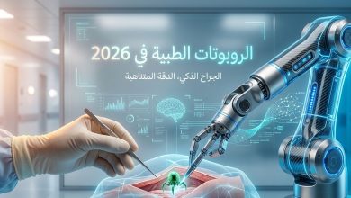 رسم توضيحي مبسط لذراع روبوت جراحي مع يد طبيب، يمثل مستقبل الطب الرقمي في 2026."