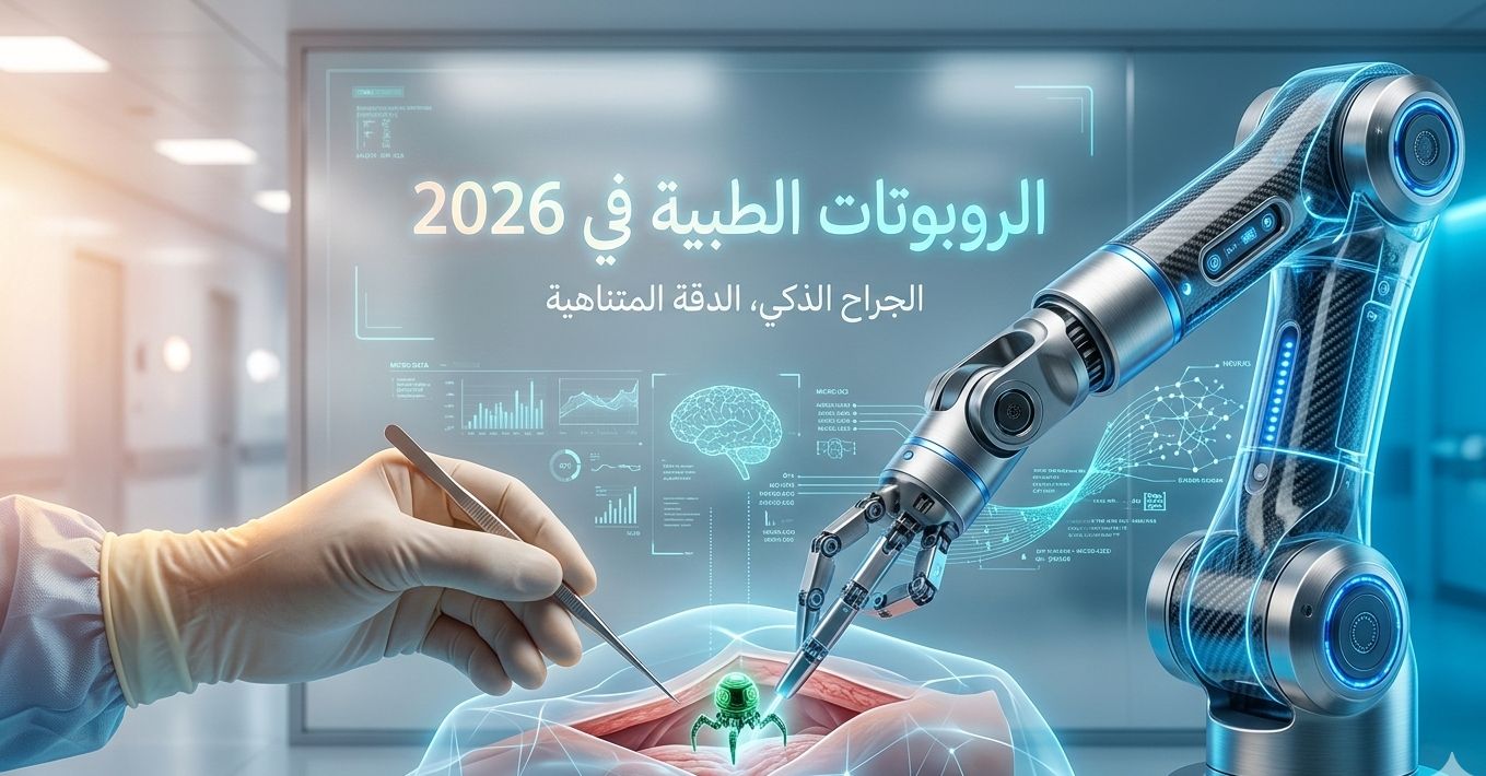 رسم توضيحي مبسط لذراع روبوت جراحي مع يد طبيب، يمثل مستقبل الطب الرقمي في 2026."