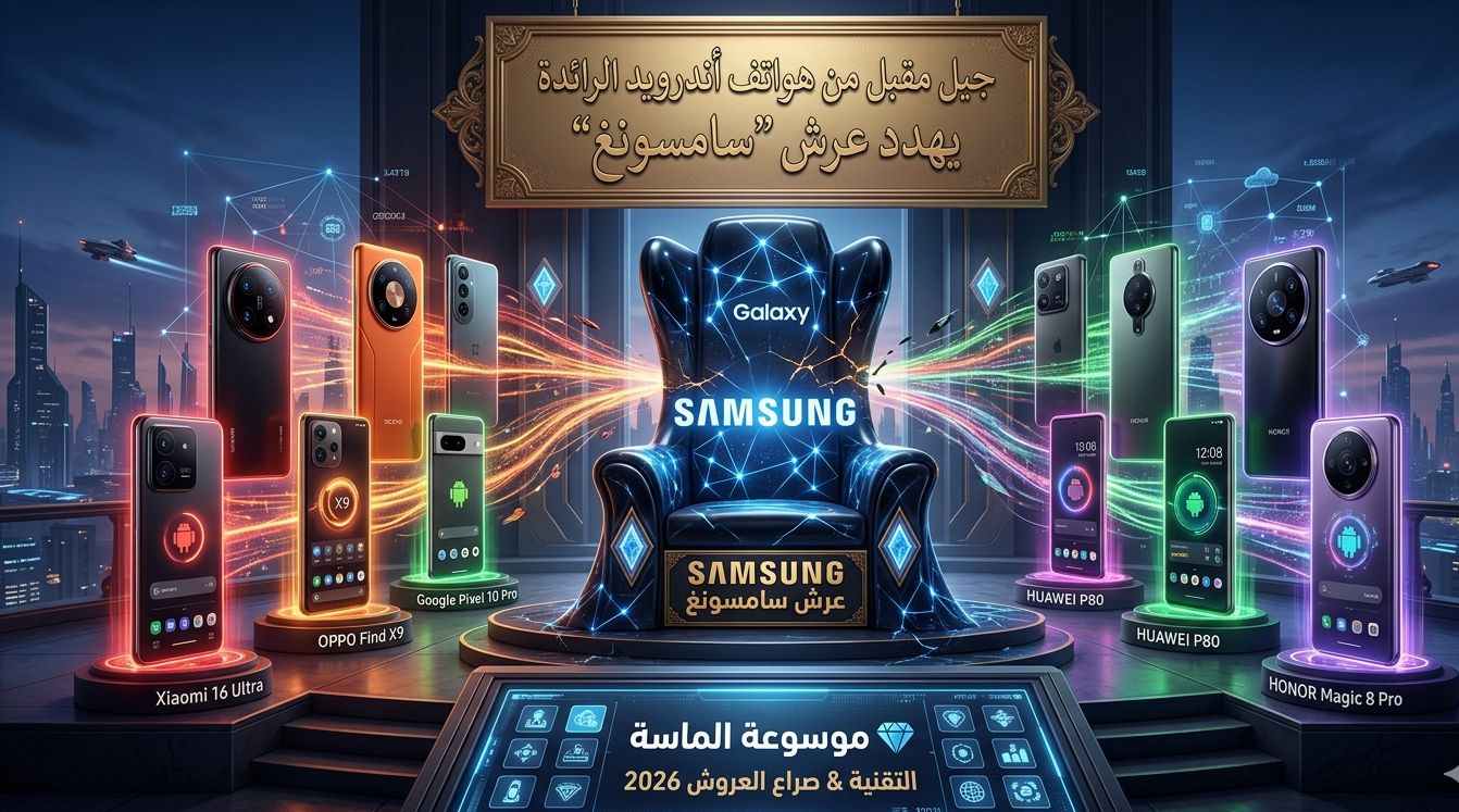 تصميم فني يظهر عرشاً عليه شعار سامسونج وتحيط به عواصف تقنية وشعارات لشركات أندرويد منافسة مع أضواء نيون مستقبلية وشعار موسوعة الماسة".