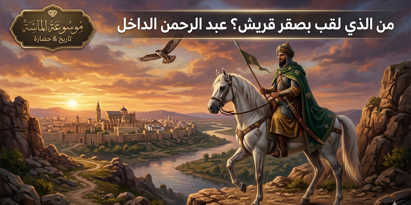 لوحة فنية تخيلية لعبد الرحمن الداخل صقر قريش يمتطي جواده وينظر نحو قرطبة مع شعار موسوعة الماسة".
