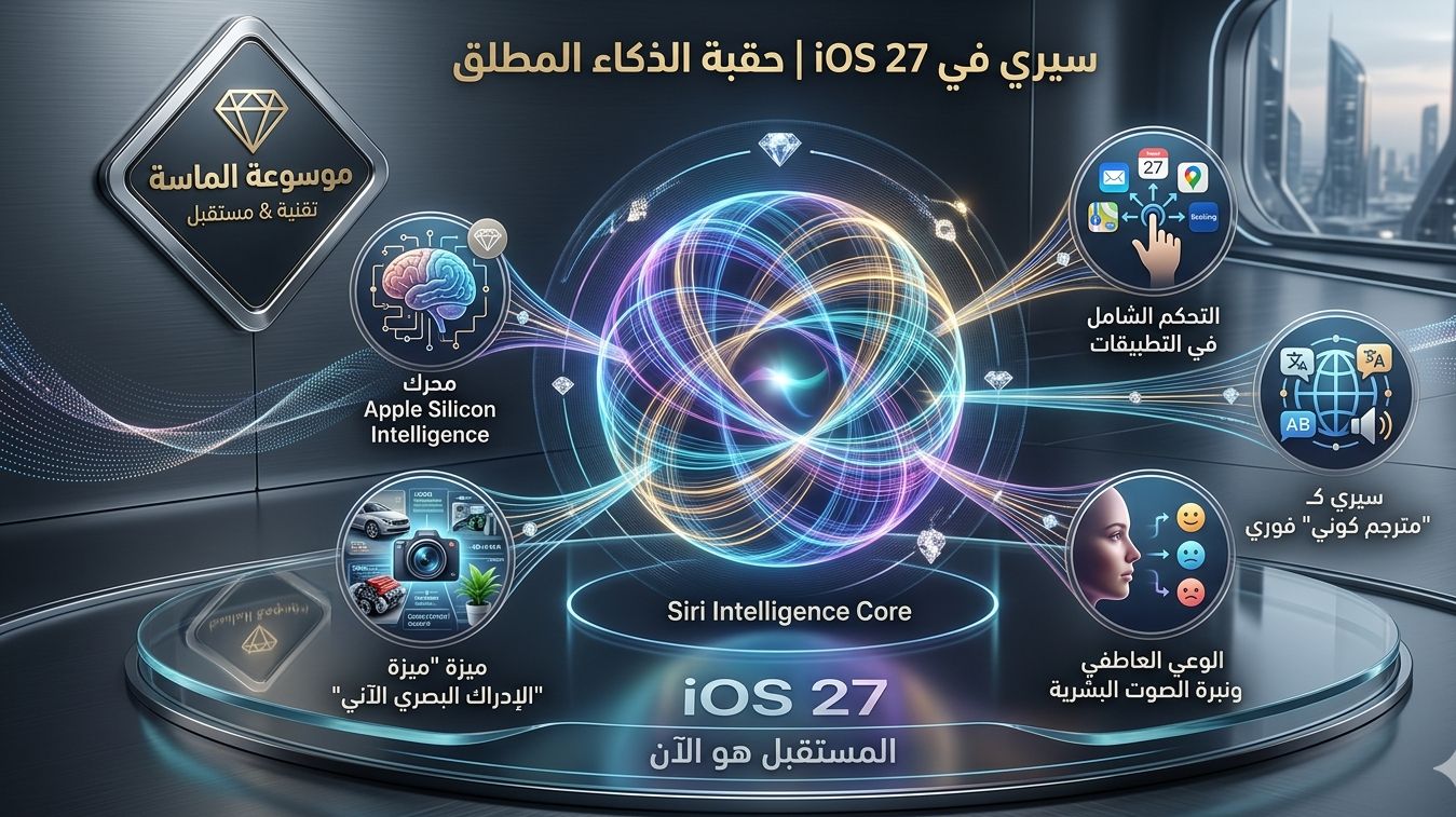 تصميم تخيلي لواجهة سيري الجديدة في نظام iOS 27 وهي تتفاعل مع المستخدم بنبضات ضوئية ملونة ورموز ذكاء اصطناعي متطورة مع شعار موسوعة الماسة".