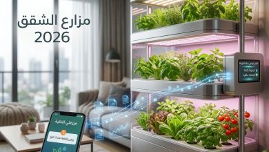 ركن زاوية في شقة عصرية لعام 2026 يحتوي على نظام زراعة مائية عمودي ذكي (Hydroponics) مع نباتات خضراء وطماطم كرزية تنمو تحت إضاءة LED أرجوانية، وشاشة هاتف ذكي تعرض تنبيهات الري باللغة العربية."