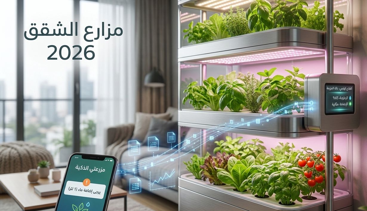 ركن زاوية في شقة عصرية لعام 2026 يحتوي على نظام زراعة مائية عمودي ذكي (Hydroponics) مع نباتات خضراء وطماطم كرزية تنمو تحت إضاءة LED أرجوانية، وشاشة هاتف ذكي تعرض تنبيهات الري باللغة العربية."