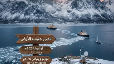 صورة تخيلية لنقطة نهاية العالم في جنوب الكرة الأرضية، تظهر لافتات خشبية تشير إلى مدن الجنوب مع خلفية لجبال ثلجية وسفينة استكشاف في مياه القطب الجنوبي."