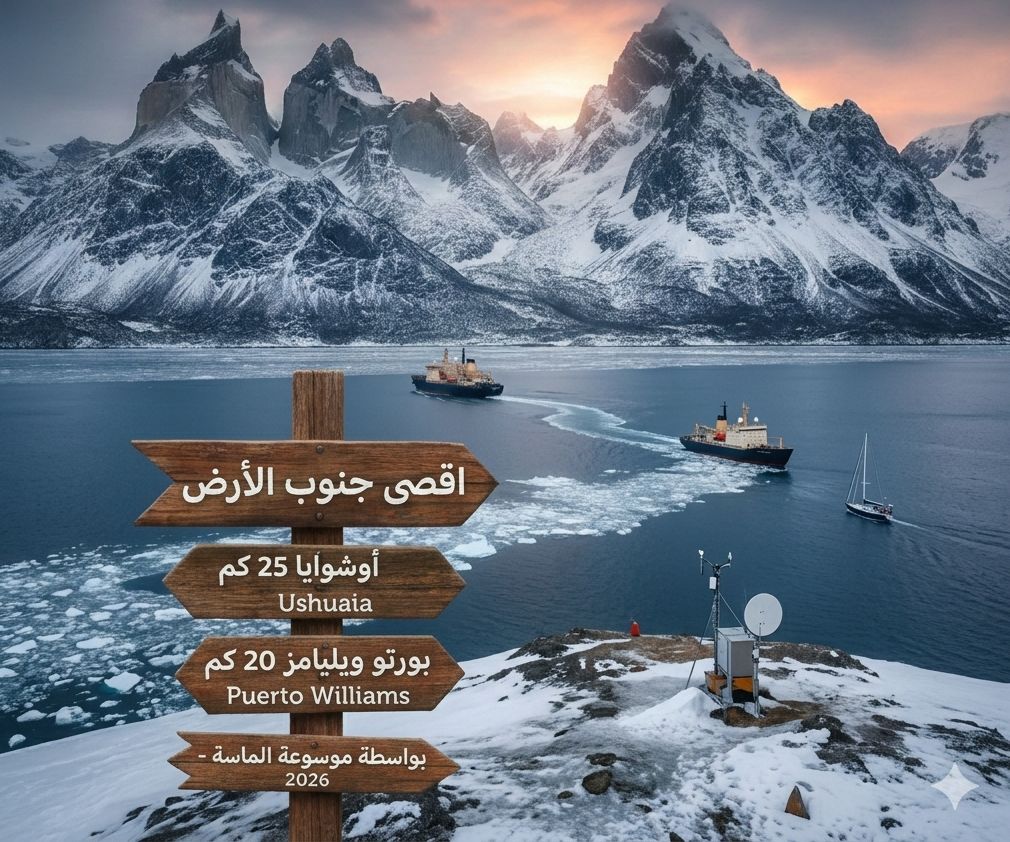 صورة تخيلية لنقطة نهاية العالم في جنوب الكرة الأرضية، تظهر لافتات خشبية تشير إلى مدن الجنوب مع خلفية لجبال ثلجية وسفينة استكشاف في مياه القطب الجنوبي."