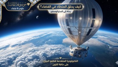 منطاد علمي ضخم يحلق فوق الغيوم على حافة الفضاء مع ظهور انحناء الأرض والسماء السوداء وشعار موسوعة الماسة".