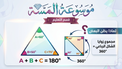 إنفوجرافيك تعليمي من موسوعة الماسة يوضح أن مجموع زوايا المثلث الداخلية 180 درجة، ومجموع زواياه الخارجية 360 درجة.