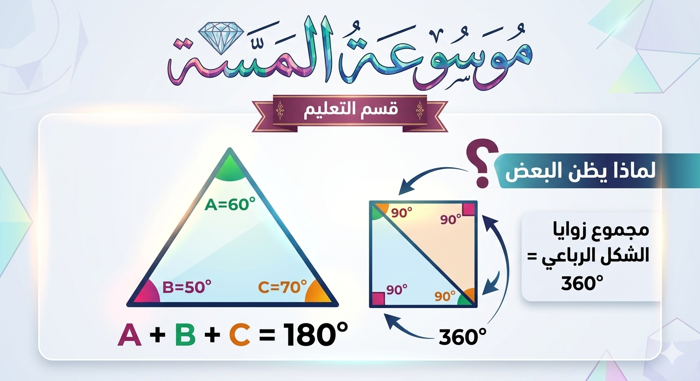 إنفوجرافيك تعليمي من موسوعة الماسة يوضح أن مجموع زوايا المثلث الداخلية 180 درجة، ومجموع زواياه الخارجية 360 درجة.
