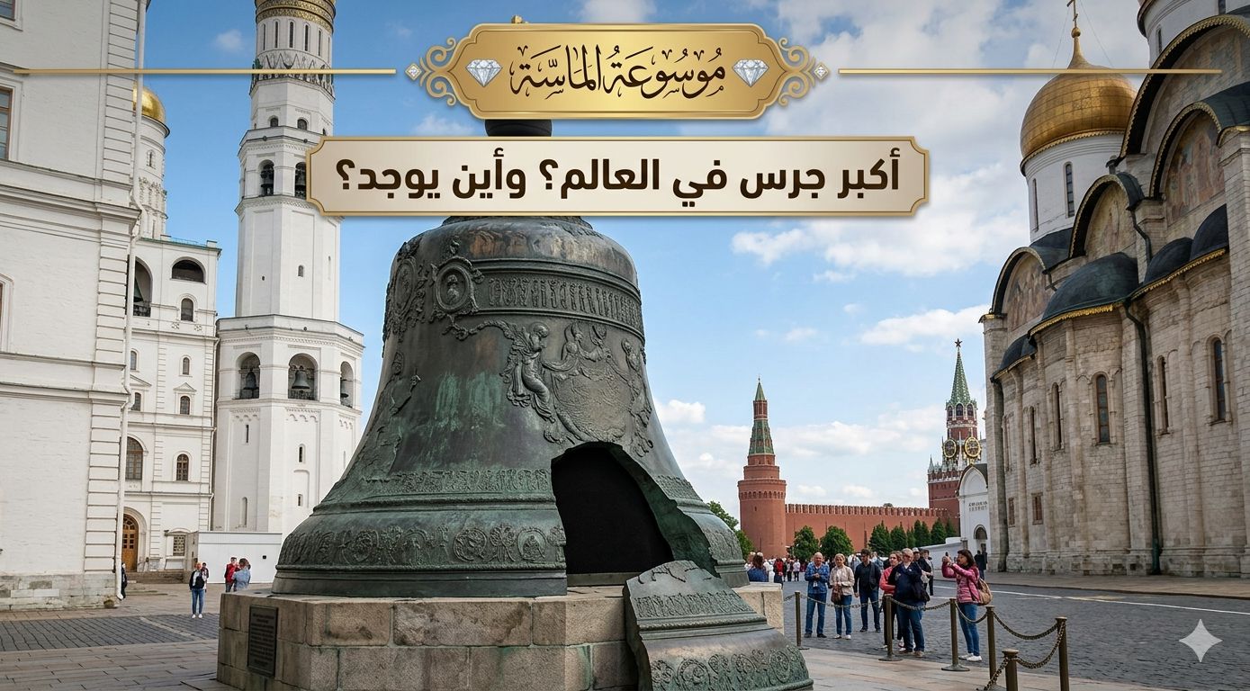 صورة فوتوغرافية مهيبة لجرس القيصر المكسور في ساحة الكرملين بموسكو مع شعار موسوعة الماسة".