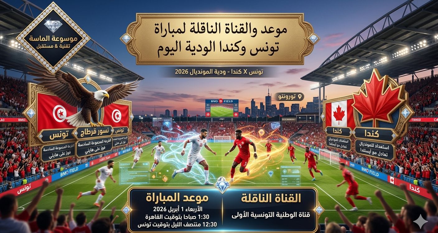 تصميم يجمع بين علم تونس وعلم كندا مع صورة للاعبي المنتخب التونسي وشعار كأس العالم 2026 وموسوعة الماسة".