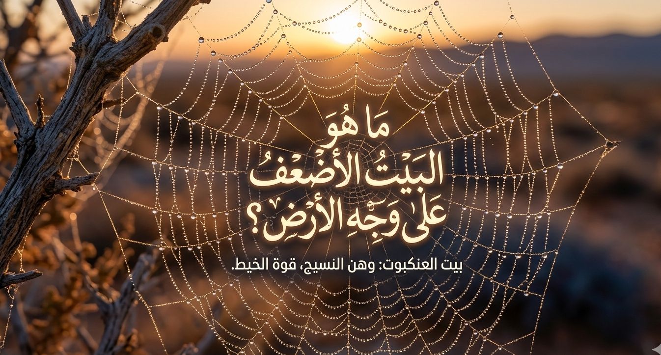 صورة مكبرة لبيت عنكبوت تحت المجهر مع عبارة: 'ما هو البيت الأضعف على وجه الأرض؟' باللغة العربية، لتسليط الضوء على الوهن والقوة في نسيجه".