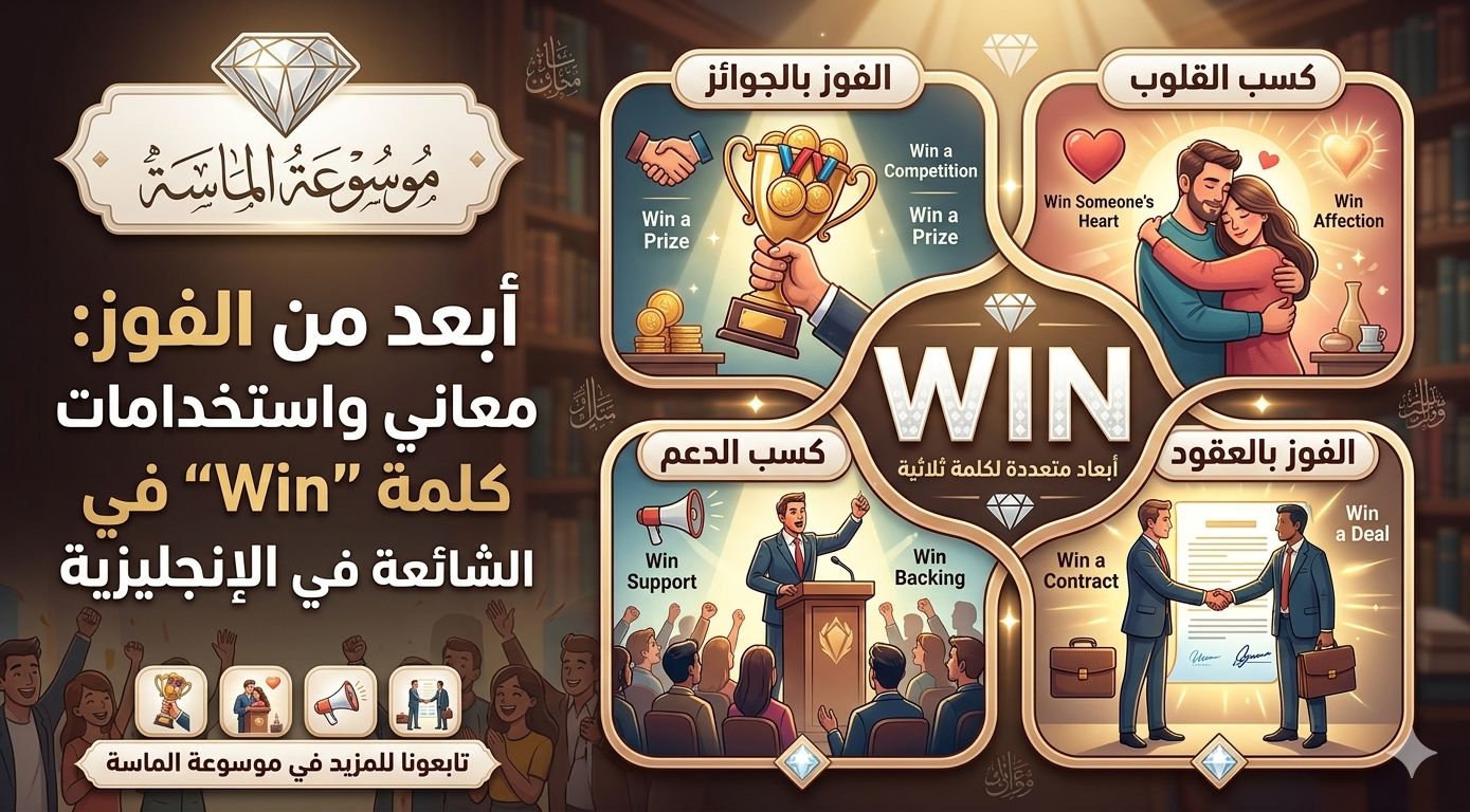 صورة تعبيرية لمنصة تتويج وعقد عمل وشعار قلب لتوضيح معاني كلمة Win المختلفة مع اسم موسوعة الماسة".