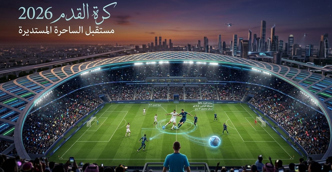 "صورة بانورامية لملعب كرة قدم مستقبلي في عام 2026، تظهر فيها كرة قدم ذكية تنبعث منها خطوط بيانات رقمية (Data Lines) مع شاشات عرض افتراضية فوق اللاعبين توضح سرعة الركض ومسار الكرة، مع كتابة 'كرة القدم 2026' باللغة العربية."