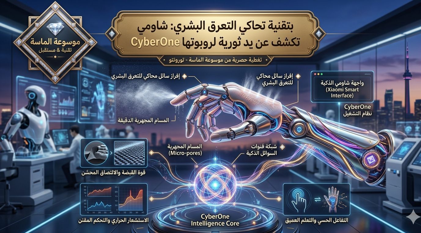 لقطة قريبة ليد روبوت CyberOne من شاومي تظهر عليها مسام دقيقة يخرج منها رذاذ مائي خفيف (عرق اصطناعي) مع أضواء تقنية زرقاء وشعار موسوعة الماسة".