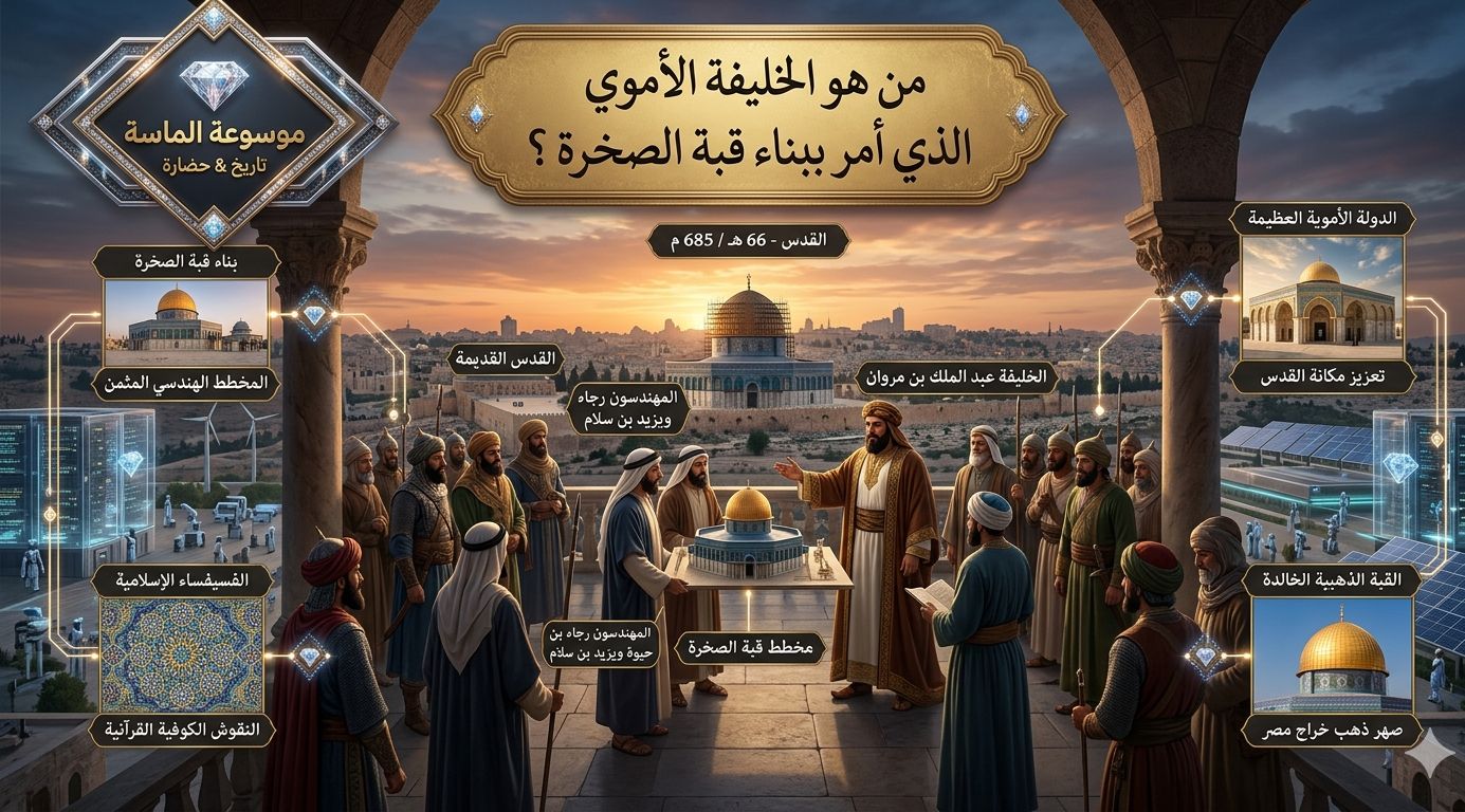 رسم تاريخي فني يُظهر الخليفة الأموي عبد الملك بن مروان جالساً في العراء، وهو يتفحص بتركيز مخططات هندسية لبناء قبة الصخرة المشرفة على رقاقات جلدية، ويقف أمامه مهندسان يرتديان ملابس إسلامية كلاسيكية ويشرحان له التفاصيل، بينما تظهر قبة الصخرة المشرفة (في مراحلها النهائية) والمدينة القديمة للقدس في الخلفية تحت سماء غسق بألوان ذهبية دافئة، مع ظهور شعار موسوعة الماسة في زاوية الصورة.