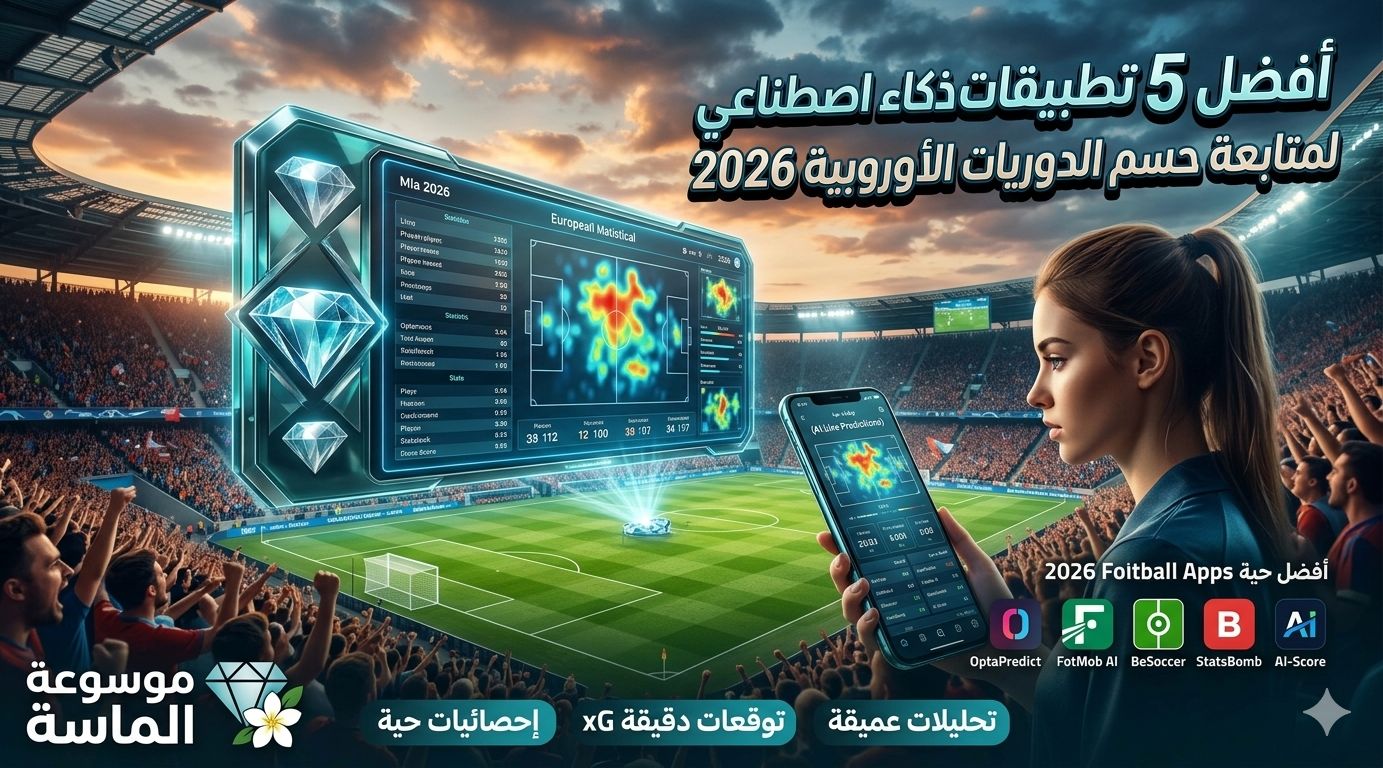 هاتف ذكي يعرض إحصائيات متقدمة لمباراة كرة قدم مع شعار موسوعة الماسة".