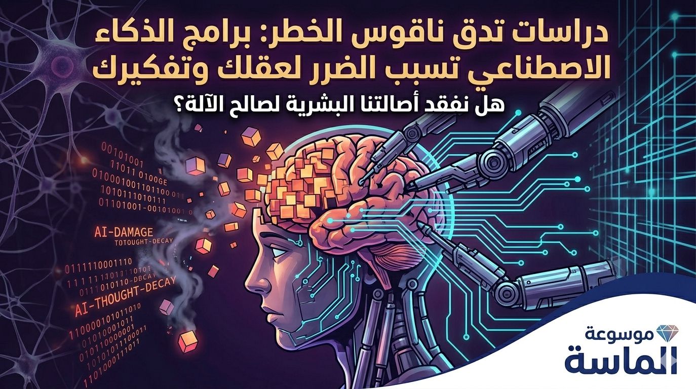 تمثيل فني لعقل بشري يتأثر بالأذرع الآلية والبيانات الرقمية مع تحذير من أضرار الذكاء الاصطناعي على التفكير - موسوعة الماسة.