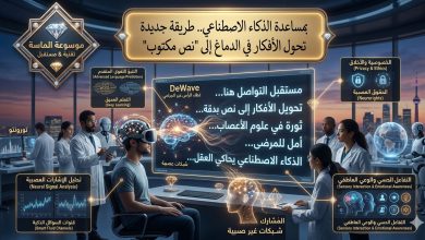تصميم رقمي فني يظهر رأس إنسان محاط بهالات ضوئية زرقاء تخرج منها كلمات وجمل مكتوبة تطير نحو شاشة حاسوب، مع تمثيل للشبكات العصبية وشعار موسوعة الماسة".