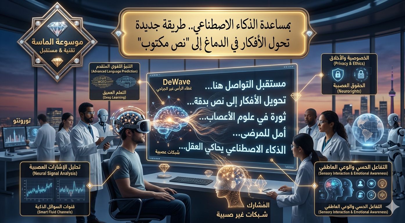 تصميم رقمي فني يظهر رأس إنسان محاط بهالات ضوئية زرقاء تخرج منها كلمات وجمل مكتوبة تطير نحو شاشة حاسوب، مع تمثيل للشبكات العصبية وشعار موسوعة الماسة".
