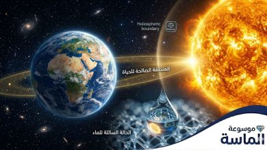 رسم توضيحي يظهر كوكب الأرض في مدارها حول الشمس مع تسليط الضوء على المنطقة الصالحة للحياة - موسوعة الماسة.